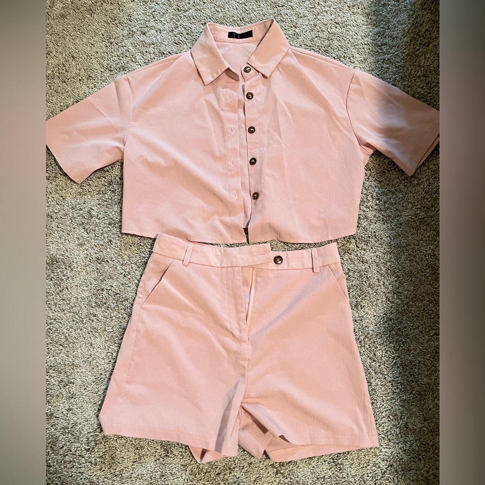 SHEIN Blush/ Light Pink Button-Up Top and Shorts Set
